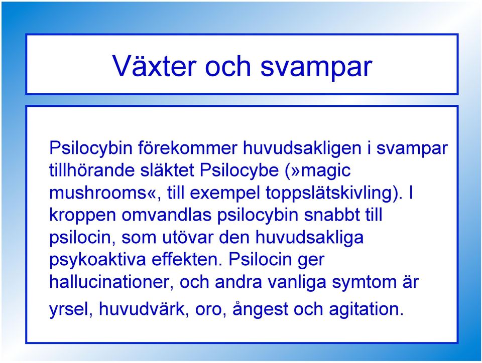 I kroppen omvandlas psilocybin snabbt till psilocin, som utövar den huvudsakliga