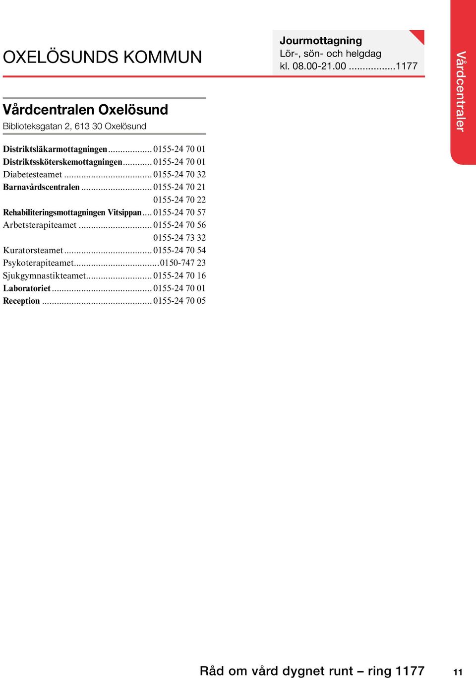 .. 0155-24 70 21 0155-24 70 22 Rehabiliteringsmottagningen Vitsippan... 0155-24 70 57 Arbetsterapiteamet... 0155-24 70 56 0155-24 73 32 Kuratorsteamet.