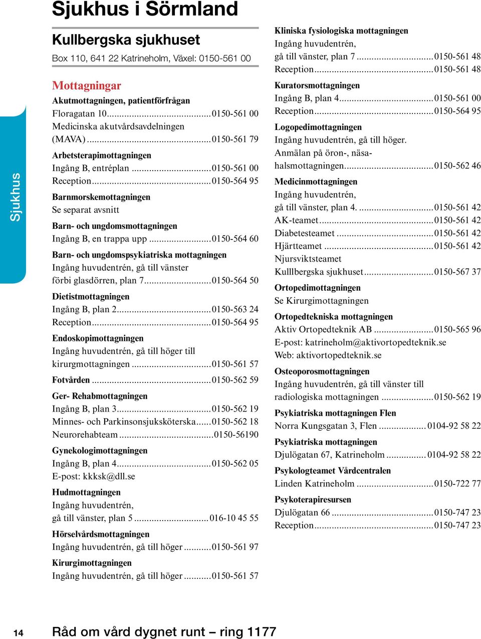 ..0150-564 95 Barnmorskemottagningen Se separat avsnitt Barn- och ungdomsmottagningen Ingång B, en trappa upp.