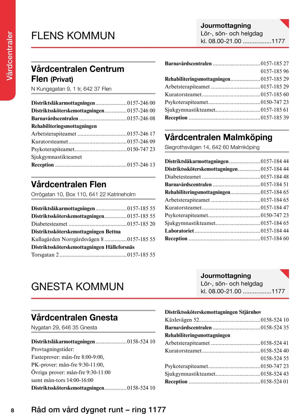 ..0157-246 13 Vårdcentralen Flen Orrögatan 10, Box 110, 641 22 Katrineholm Distriktsläkarmottagningen...0157-185 55 Distriktssköterskemottagningen...0157-185 55 Diabetesteamet.