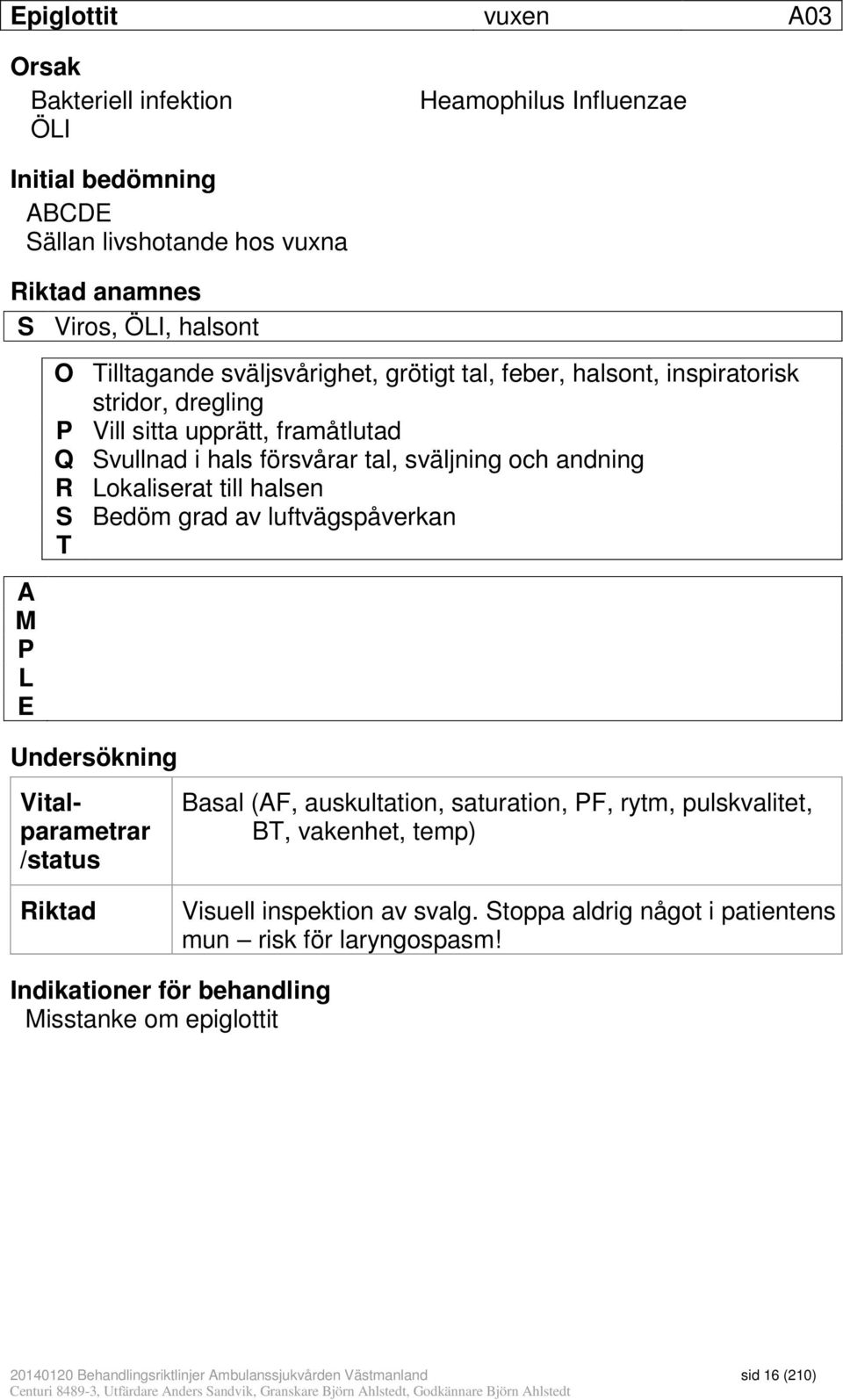 halsen S Bedöm grad av luftvägspåverkan T Undersökning Vitalparametrar /status Riktad Basal (AF, auskultation, saturation, PF, rytm, pulskvalitet, BT, vakenhet, temp) Visuell inspektion av