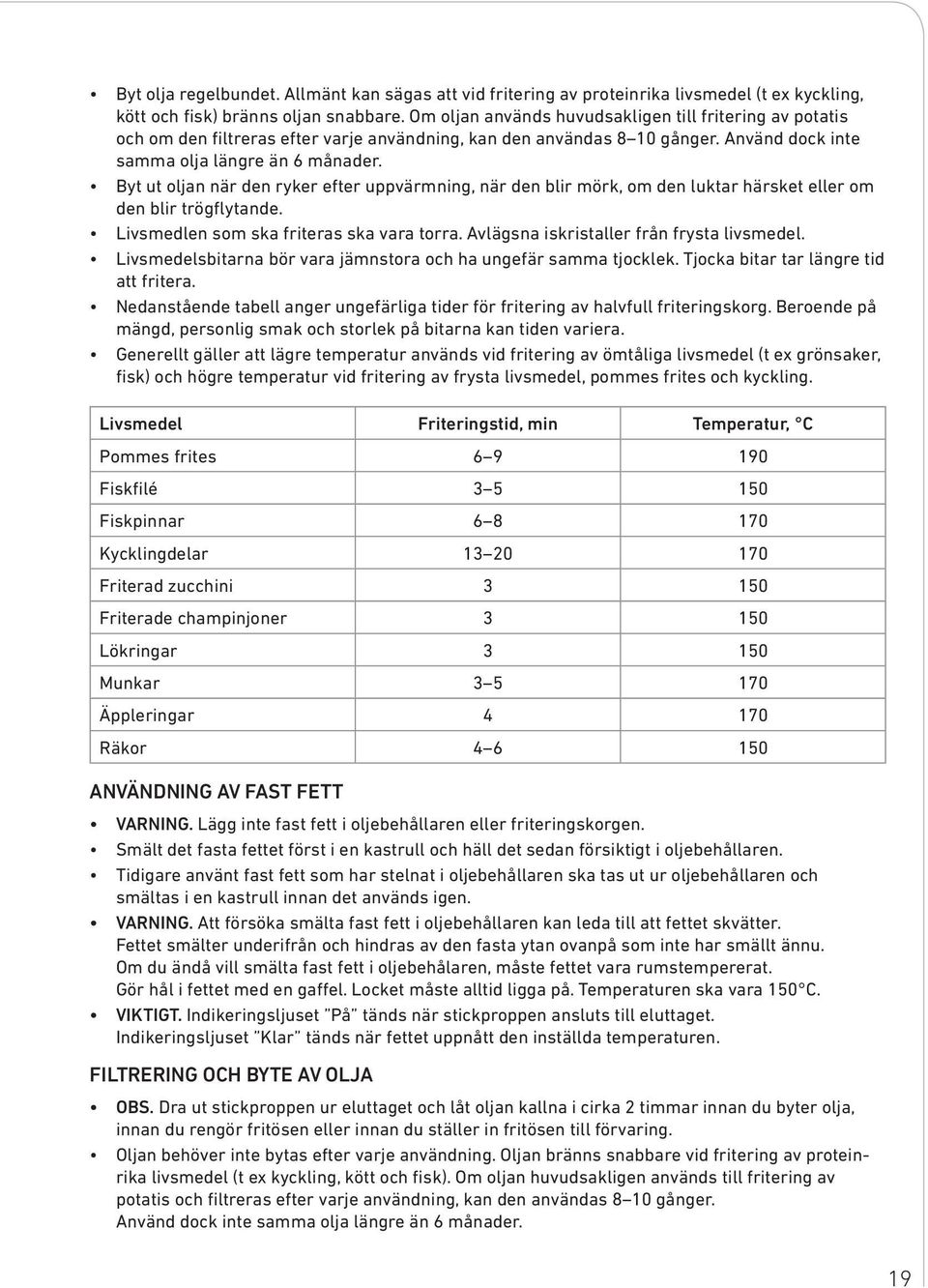 Byt ut oljan när den ryker efter uppvärmning, när den blir mörk, om den luktar härsket eller om den blir trögflytande. Livsmedlen som ska friteras ska vara torra.