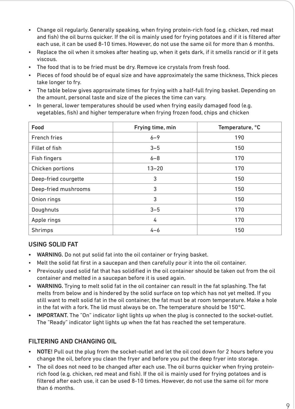 Replace the oil when it smokes after heating up, when it gets dark, if it smells rancid or if it gets viscous. The food that is to be fried must be dry. Remove ice crystals from fresh food.