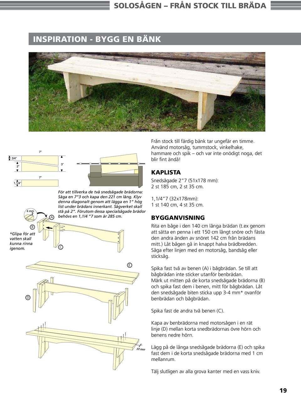 D A För att tillverka de två snedsågade brädorna: Såga en 7 3 och kapa den 221 cm lång. Klyv denna diagonalt genom att lägga en 1 hög list under brädans innerkant. Sågverket skall stå på 2.