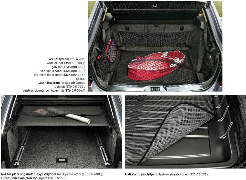vertikalt sidonät och bakre nät (3T9 017 700A) Nät för placering under insynsskyddet för Superb Combi (3T9 017