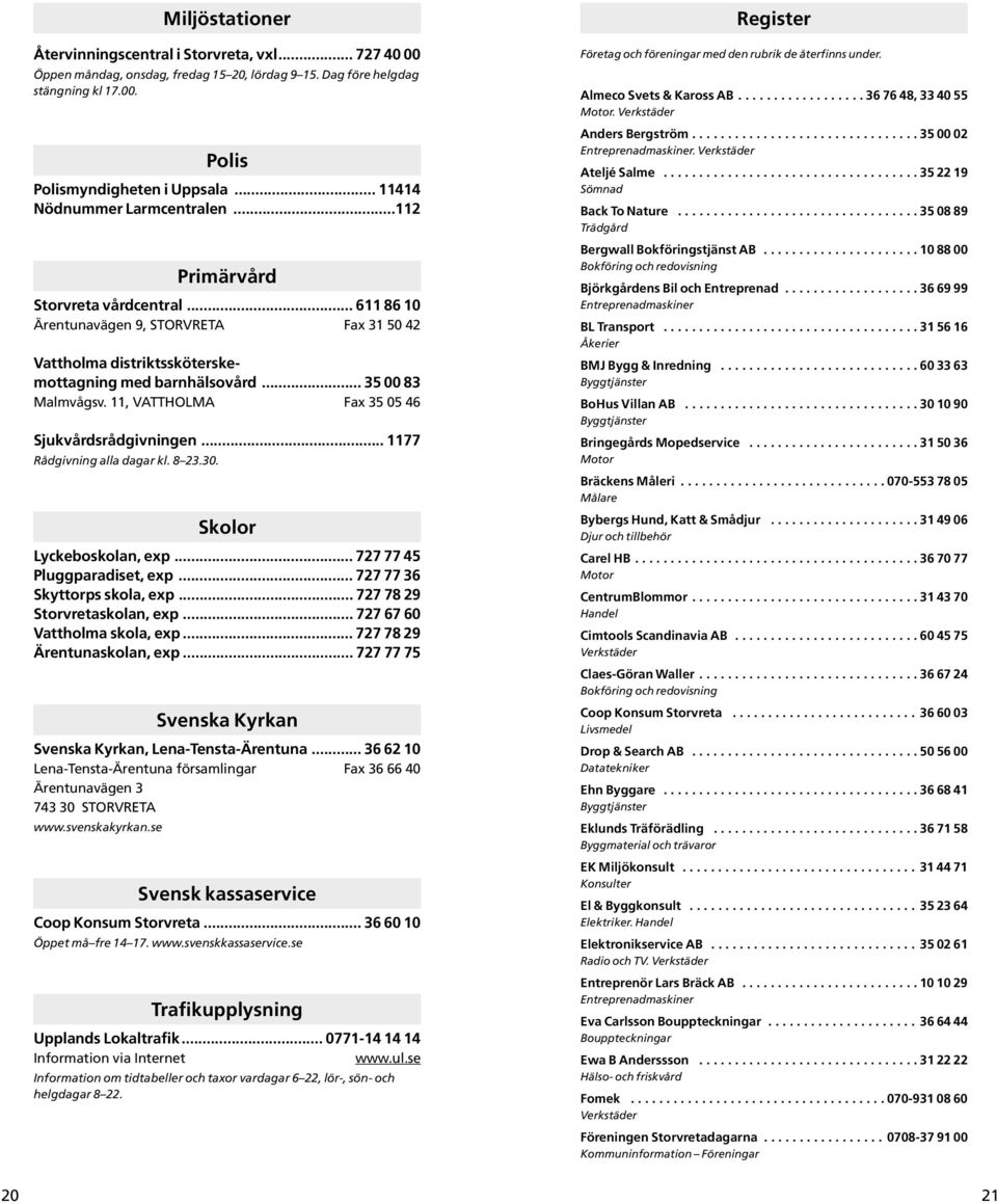 .. 35 00 83 Malmvågsv. 11, VATTHOLMA Fax 35 05 46 Sjukvårdsrådgivningen... 1177 Rådgivning alla dagar kl. 8 23.30. Skolor Lyckeboskolan, exp... 727 77 45 Pluggparadiset, exp.