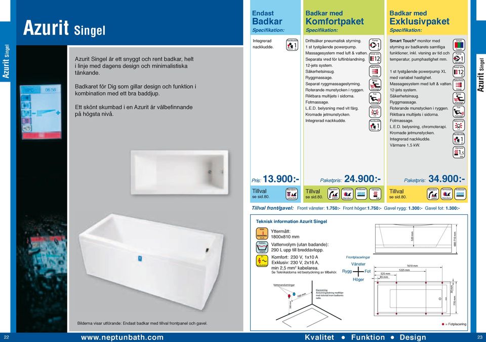 Komfortpaket Driftsäker pneumatisk styrning. 1 st tystgående powerpump. Separata vred för luftinblandning. 12-jets system. Separat ryggmassagestyrning. L.E.D. belysning med vit färg.