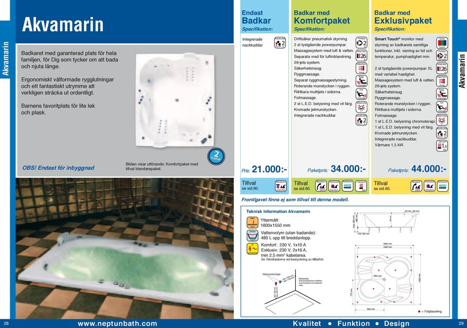 Integrerade nackkuddar Driftsäker pneumatisk styrning. 2 st tystgående powerpumpar. Separata vred för luftinblandning. 26-jets system. Separat ryggmassagestyrning. 2 st L.E.D. belysning med vit färg.