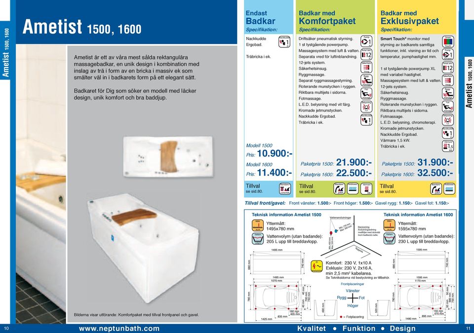 400:- Komfortpaket Driftsäker pneumatisk styrning. 1 st tystgående powerpump. Separata vred för luftinblandning. 12-jets system. Separat ryggmassagestyrning. L.E.D. belysning med vit färg.