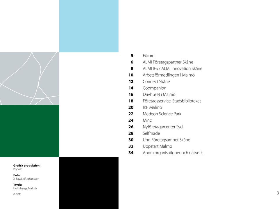 Science Park 24 Minc 26 Nyföretagarcenter Syd 28 Selfmade 30 Ung Företagsamhet Skåne 32 Uppstart Malmö 34