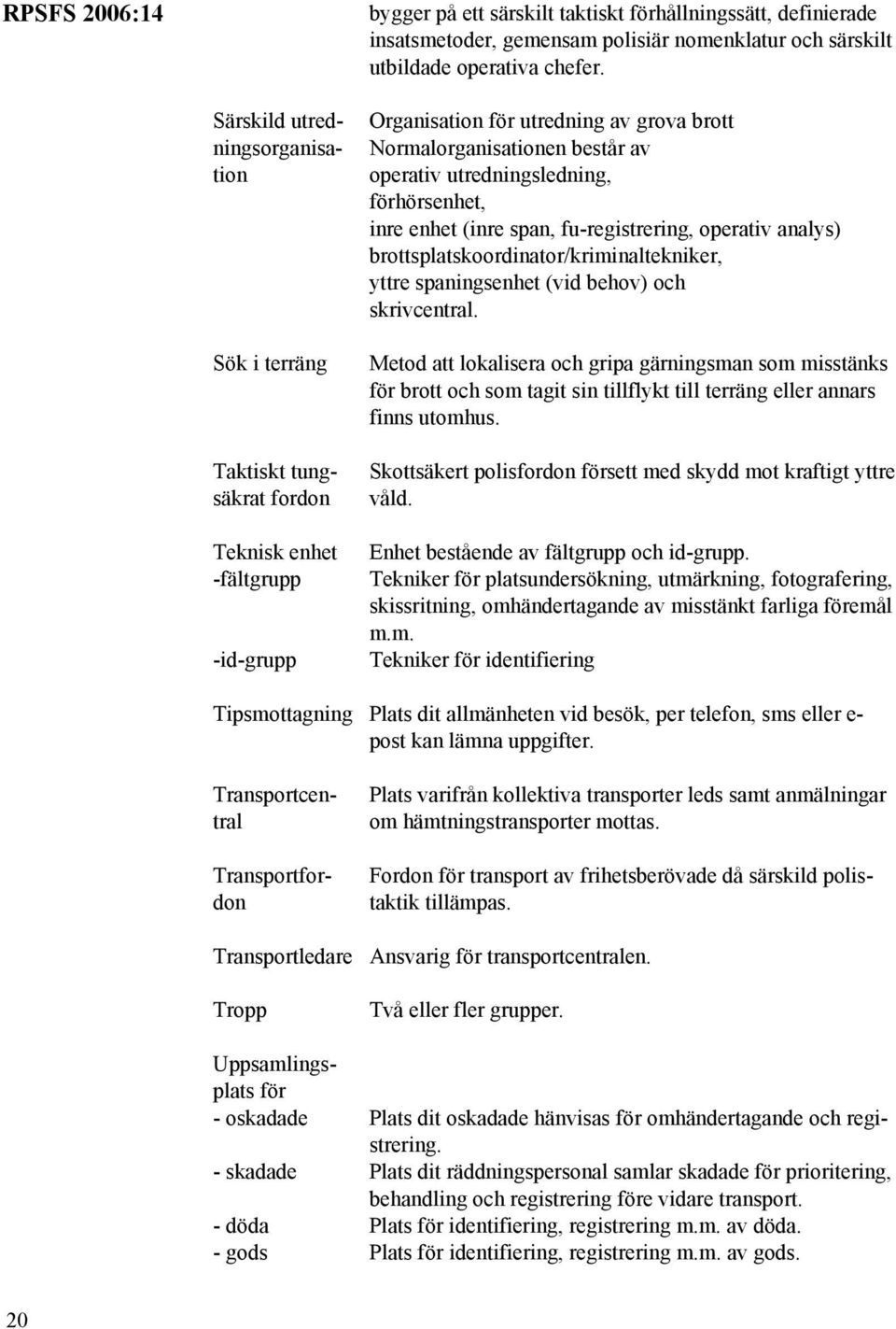 utredningsledning, förhörsenhet, inre enhet (inre span, fu-registrering, operativ analys) brottsplatskoordinator/kriminaltekniker, yttre spaningsenhet (vid behov) och skrivcentral.