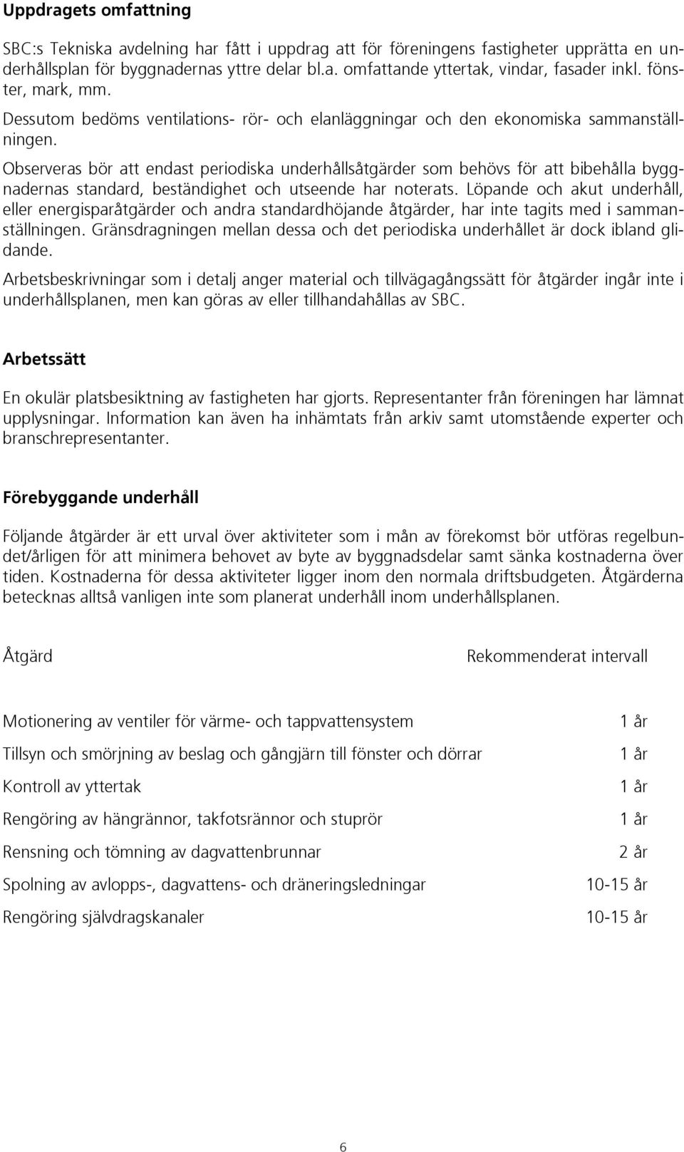 Observeras bör att endast periodiska underhållsåtgärder som behövs för att bibehålla byggnadernas standard, beständighet och utseende har noterats.