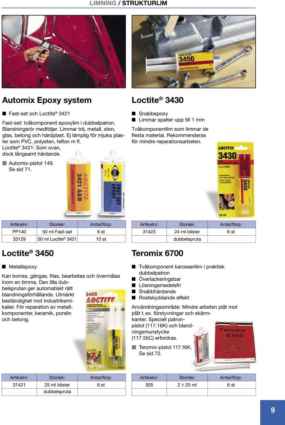 Loctite 330 Snabbepoxy Limmar spalter upp till 1 mm Tvåkomponentlim som limmar de flesta material. Rekommenderas för mindre reparationsarbeten.