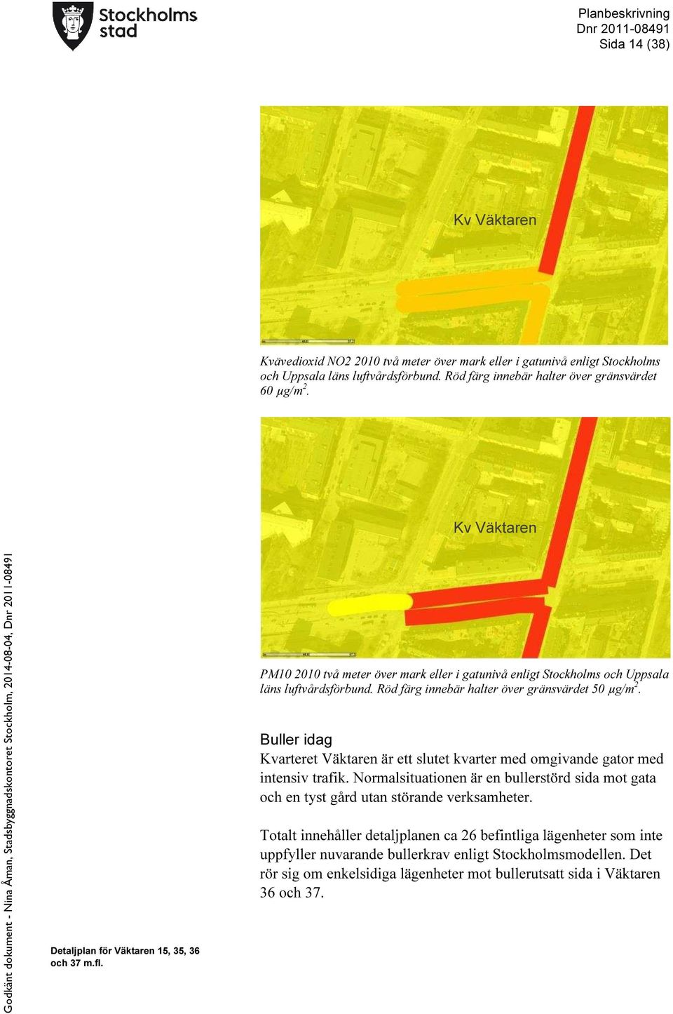 Röd färg innebär halter över gränsvärdet 50 µg/m 2. Buller idag Kvarteret Väktaren är ett slutet kvarter med omgivande gator med intensiv trafik.