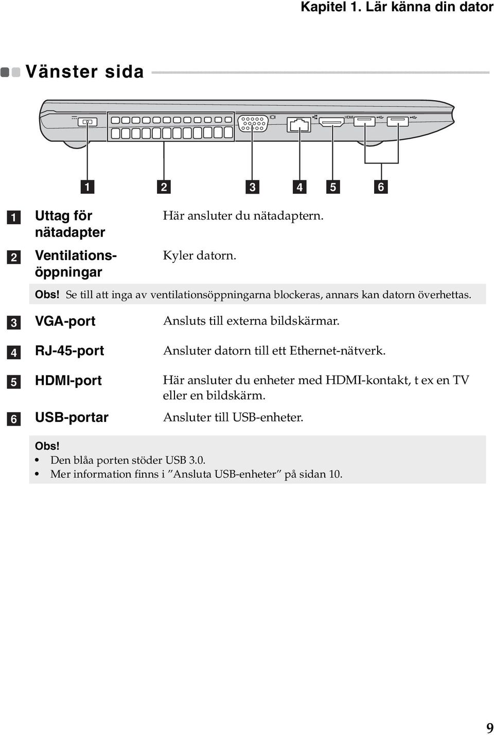 - - - - - - - - - - - - - - a b c d e f a b Uttag för nätadapter Ventilationsöppningar Här ansluter du nätadaptern. Kyler datorn. Obs!