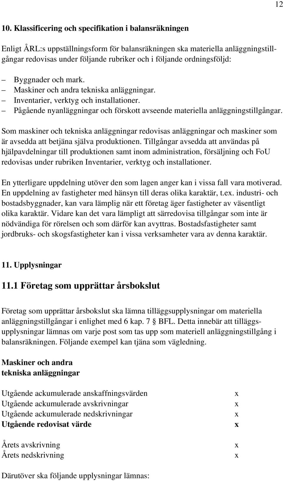 ordningsföljd: Byggnader och mark. Maskiner och andra tekniska anläggningar. Inventarier, verktyg och installationer. Pågående nyanläggningar och förskott avseende materiella anläggningstillgångar.