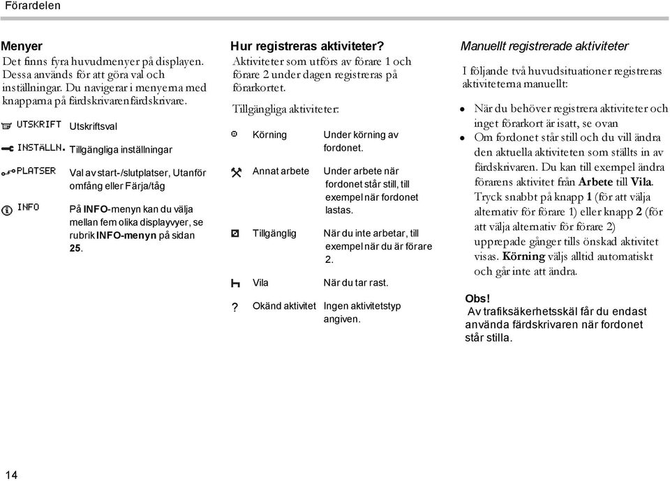 Tillgängliga inställningar PLATSER INFO Val av start-/slutplatser, Utanför omfång eller Färja/tåg På INFO-menyn kan du välja mellan fem olika displayvyer, se rubrik INFO-menyn på sidan 25.