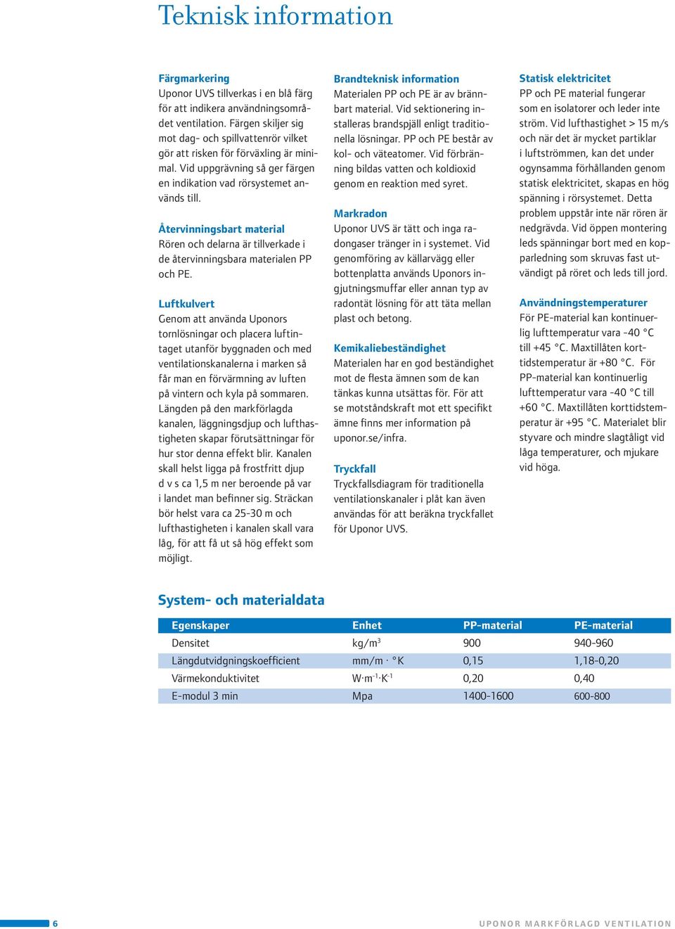 Återvinningsbart material Rören och delarna är tillverkade i de återvinningsbara materialen PP och PE.