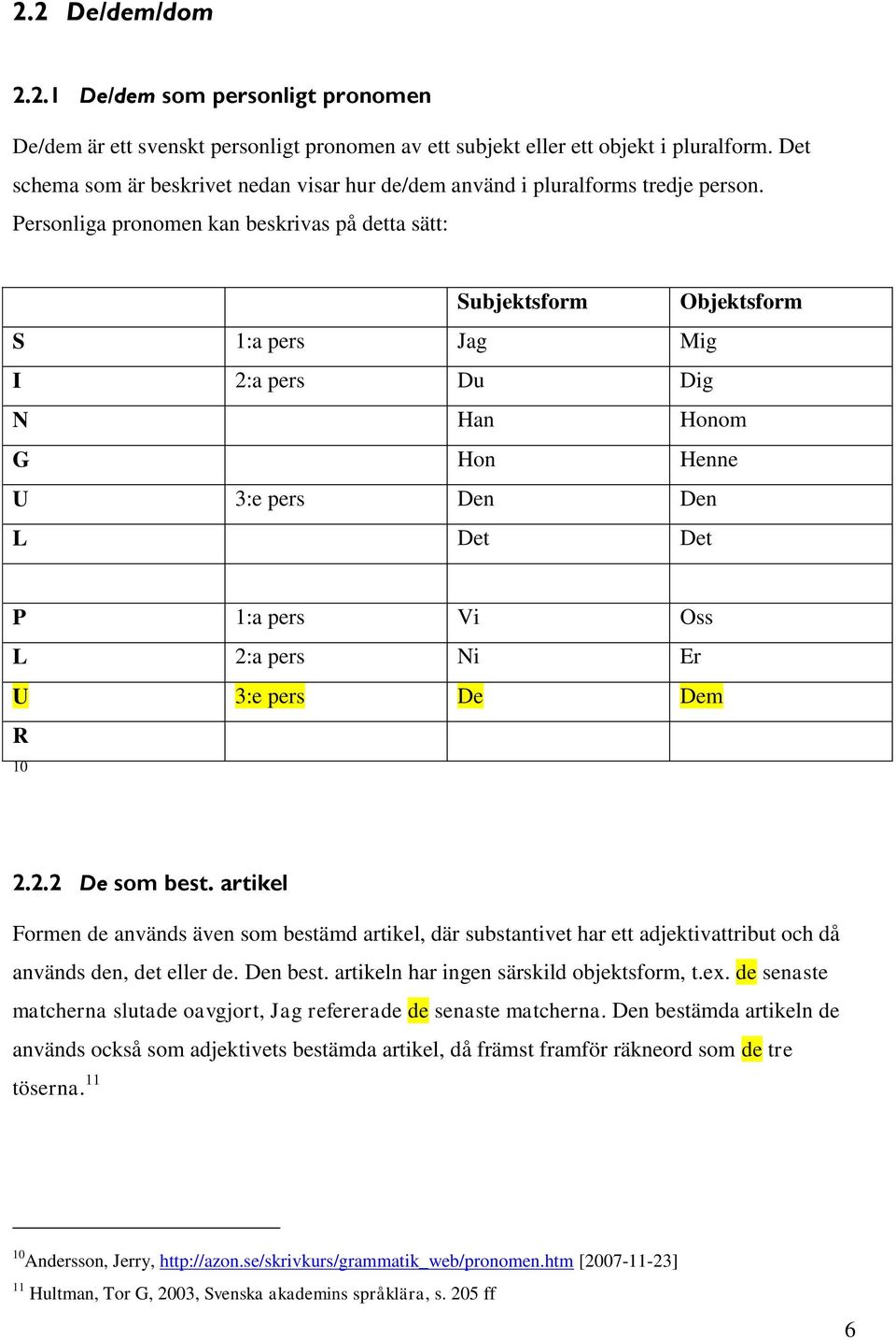 Personliga pronomen kan beskrivas på detta sätt: Subjektsform Objektsform S 1:a pers Jag Mig I 2:a pers Du Dig N Han Honom G Hon Henne U 3:e pers Den Den L Det Det P 1:a pers Vi Oss L 2:a pers Ni Er