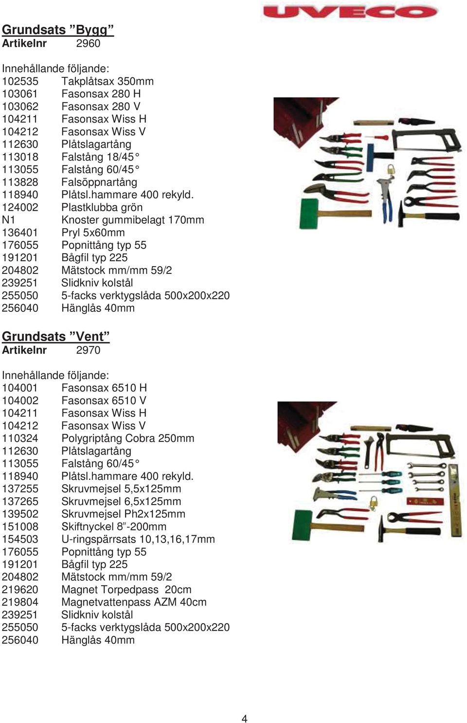 124002 Plastklubba grön N1 Knoster gummibelagt 170mm 136401 Pryl 5x60mm 176055 Popnittång typ 55 191201 Bågfil typ 225 204802 Mätstock mm/mm 59/2 239251 Slidkniv kolstål 255050 5-facks verktygslåda