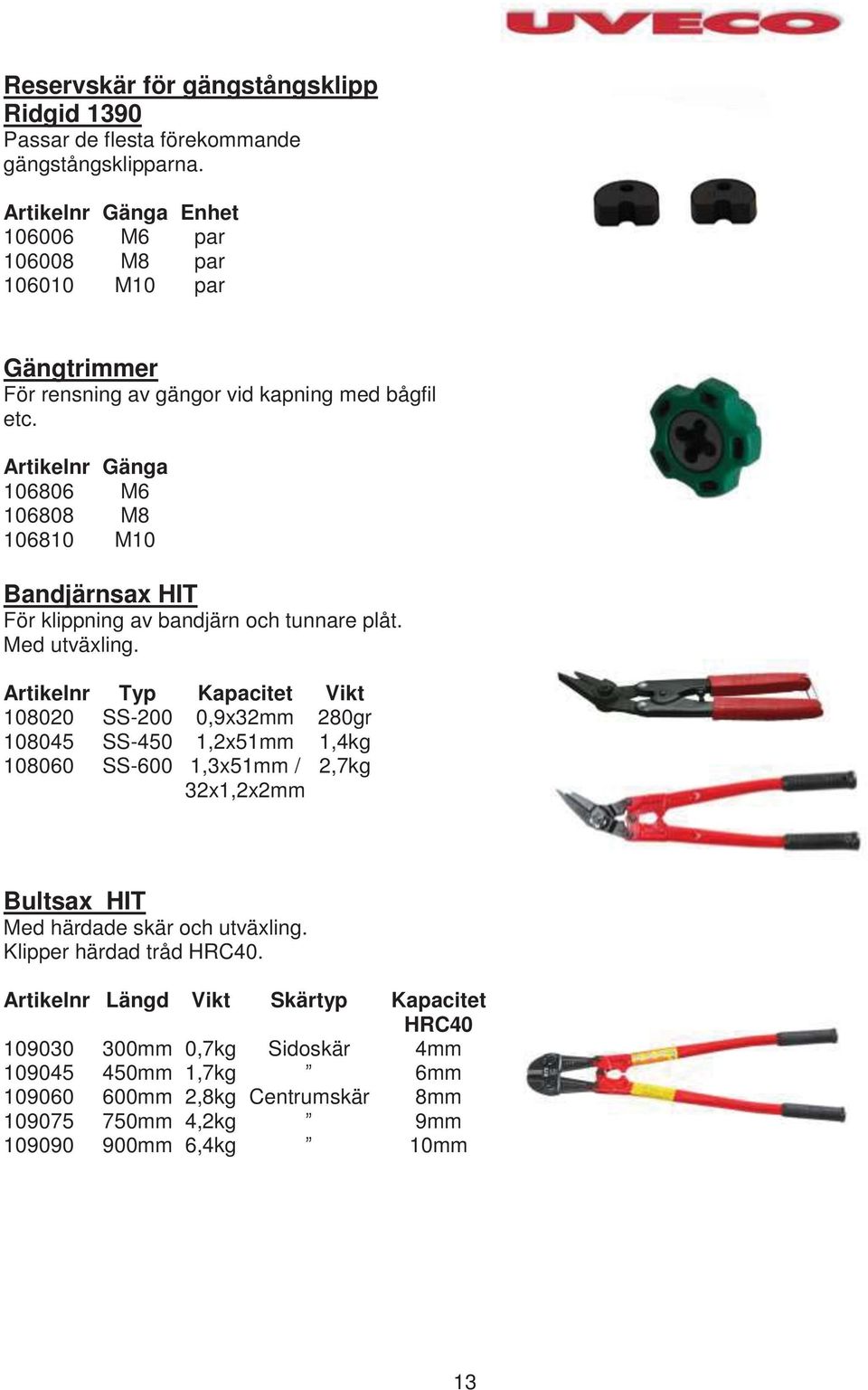 Artikelnr Gänga 106806 M6 106808 M8 106810 M10 Bandjärnsax HIT För klippning av bandjärn och tunnare plåt. Med utväxling.