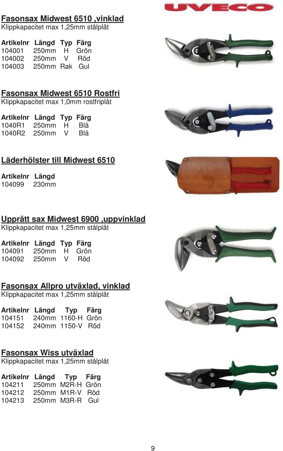 6900,uppvinklad Klippkapacitet max 1,25mm stålplåt Artikelnr Längd Typ Färg 104091 250mm H Grön 104092 250mm V Röd Fasonsax Allpro utväxlad, vinklad Klippkapacitet max 1,25mm stålplåt