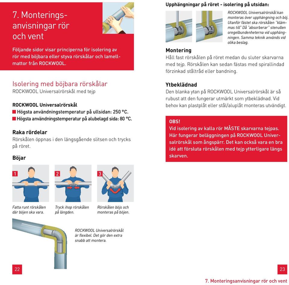 Följande sidor visar principerna för isolering av rör med böjbara eller styva rörskålar och lamellmattor från ROCKWOOL.