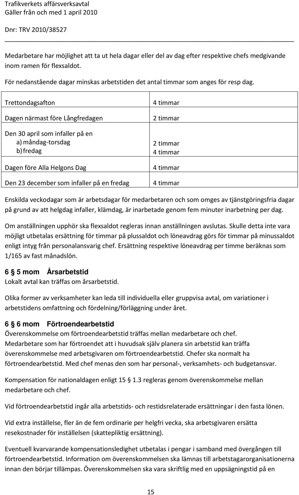 Trettondagsafton Dagen närmast före Långfredagen Den 30 april som infaller på en a) måndag-torsdag b) fredag Dagen före Alla Helgons Dag Den 23 december som infaller på en fredag 4 timmar 2 timmar 2