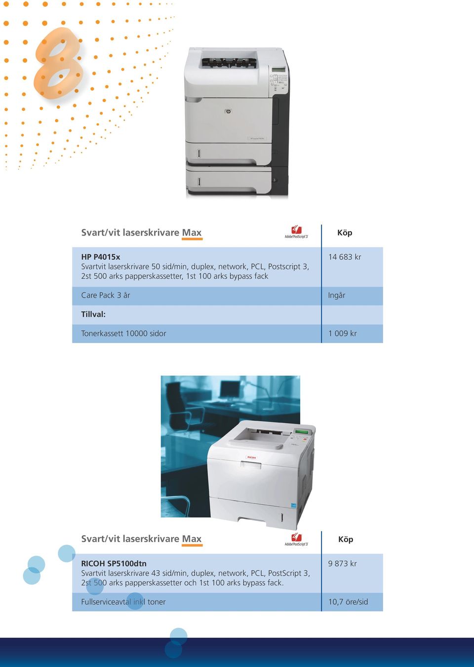 009 kr Svart/vit laserskrivare Max RICOH SP5100dtn Svartvit laserskrivare 43 sid/min, duplex, network, PCL,