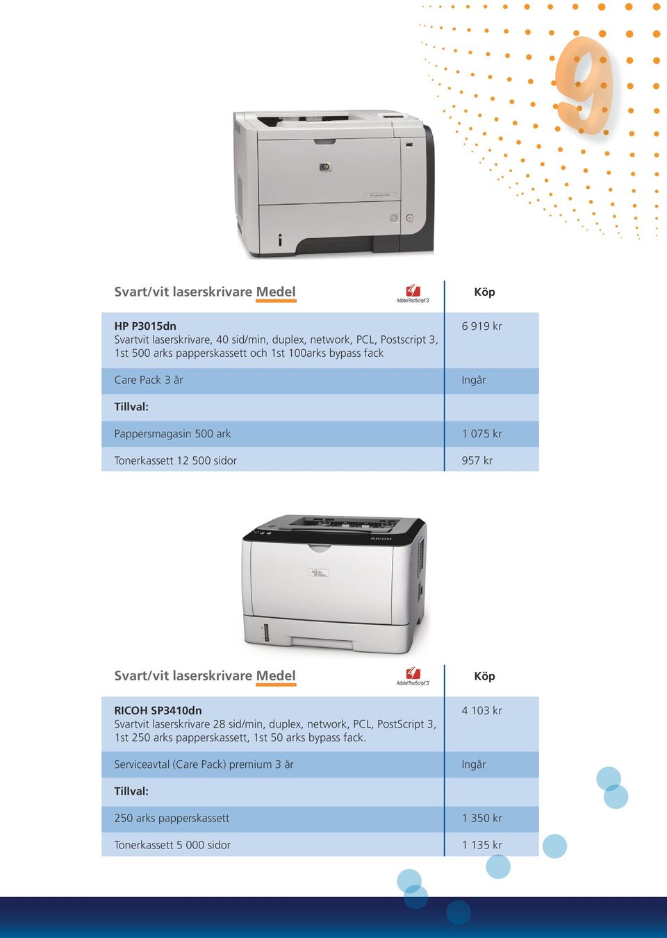 Svart/vit laserskrivare Medel RICOH SP3410dn Svartvit laserskrivare 28 sid/min, duplex, network, PCL, PostScript 3, 1st 250 arks