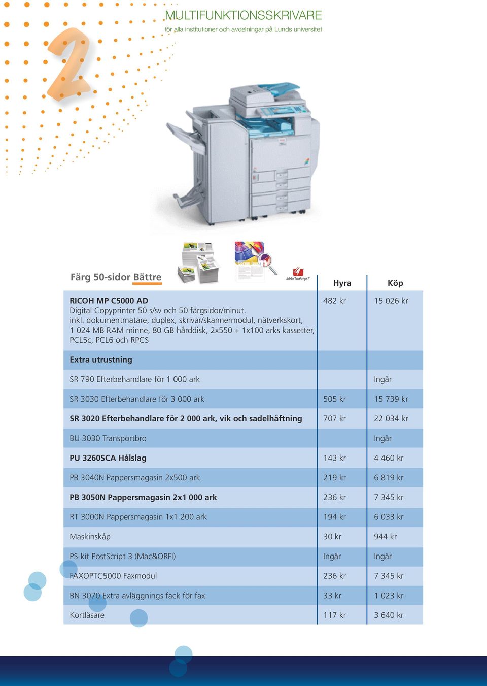 ark SR 3030 Efterbehandlare för 3 000 ark 505 kr 15 739 kr SR 3020 Efterbehandlare för 2 000 ark, vik och sadelhäftning 707 kr 22 034 kr BU 3030 Transportbro PU 3260SCA Hålslag 143 kr 4 460 kr PB