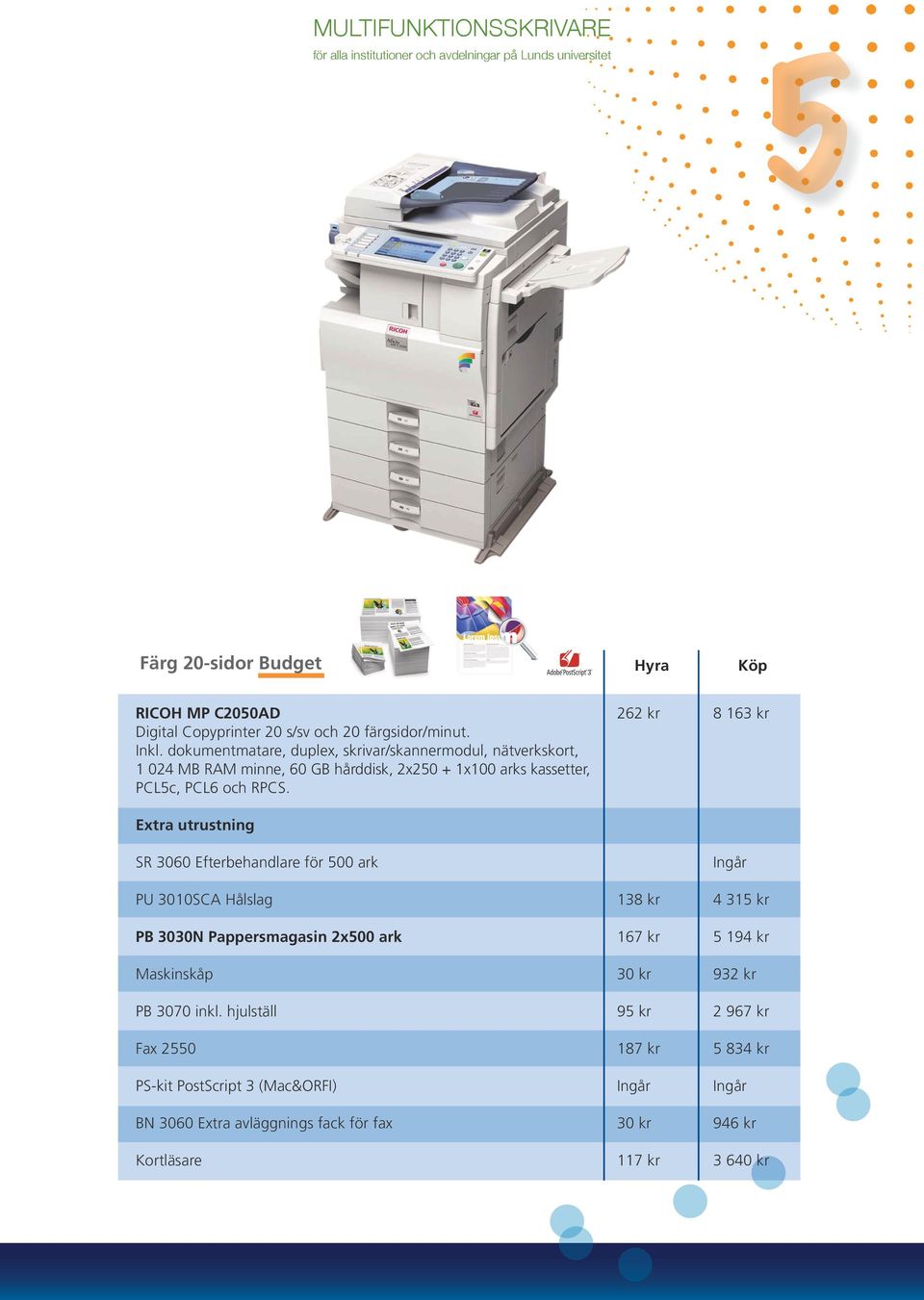 Extra utrustning SR 3060 Efterbehandlare för 500 ark PU 3010SCA Hålslag 138 kr 4 315 kr PB 3030N Pappersmagasin 2x500 ark 167 kr 5 194 kr Maskinskåp