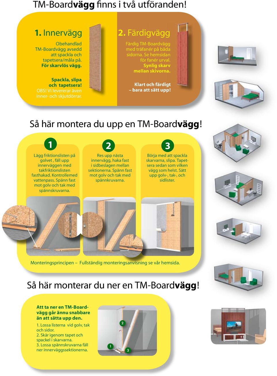 Klart och färdigt bara att sätt upp! Så här montera du upp en TM-Boardvägg! 1 2 3 Lägg friktionslisten på golvet, fäll upp innerväggen med takfriktionslisten fasthakad. Kontrollemed vattenpass.