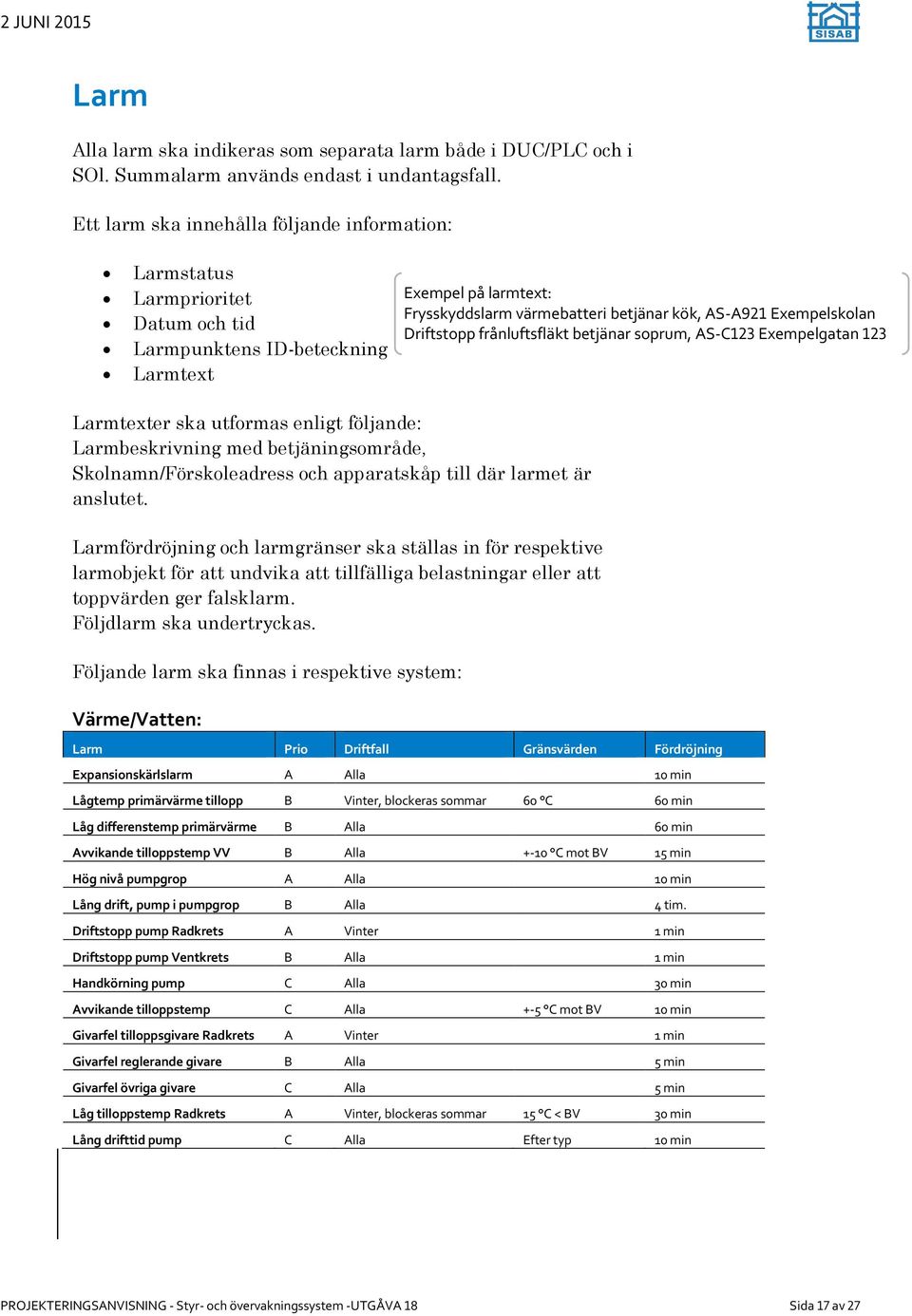 Exempelskolan Driftstopp frånluftsfläkt betjänar soprum, AS-C123 Exempelgatan 123 Larmtexter ska utformas enligt följande: Larmbeskrivning med betjäningsområde, Skolnamn/Förskoleadress och