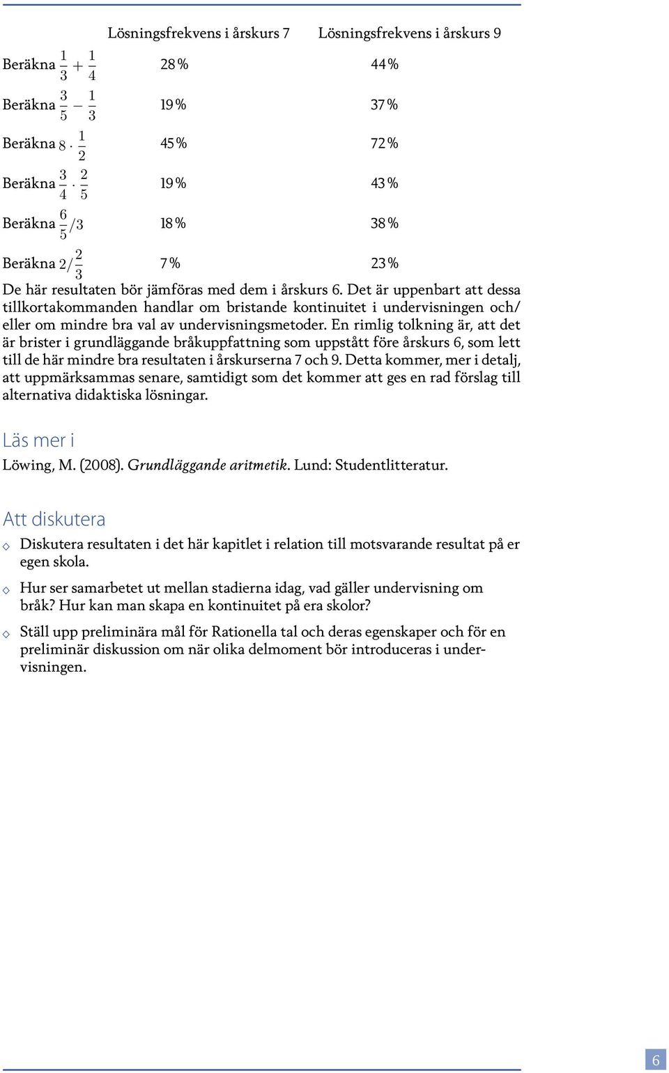 En rimlig tolkning är, att det är brister i grundläggande bråkuppfattning som uppstått före årskurs 6, som lett till de här mindre bra resultaten i årskurserna och 9.