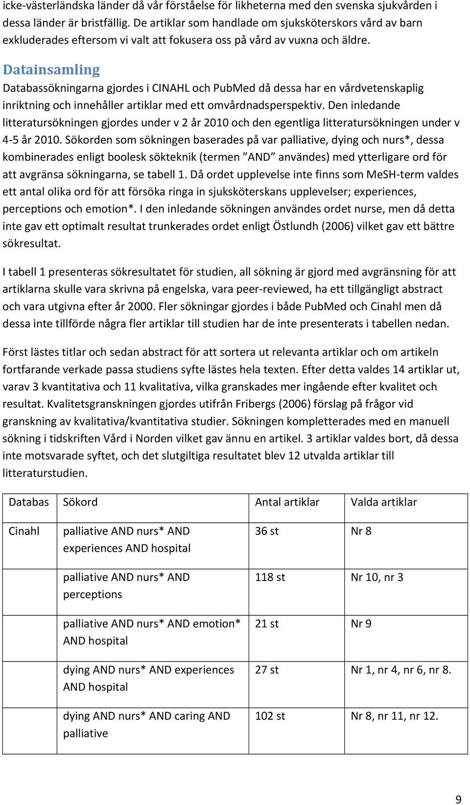 Datainsamling Databassökningarna gjordes i CINAHL och PubMed då dessa har en vårdvetenskaplig inriktning och innehåller artiklar med ett omvårdnadsperspektiv.