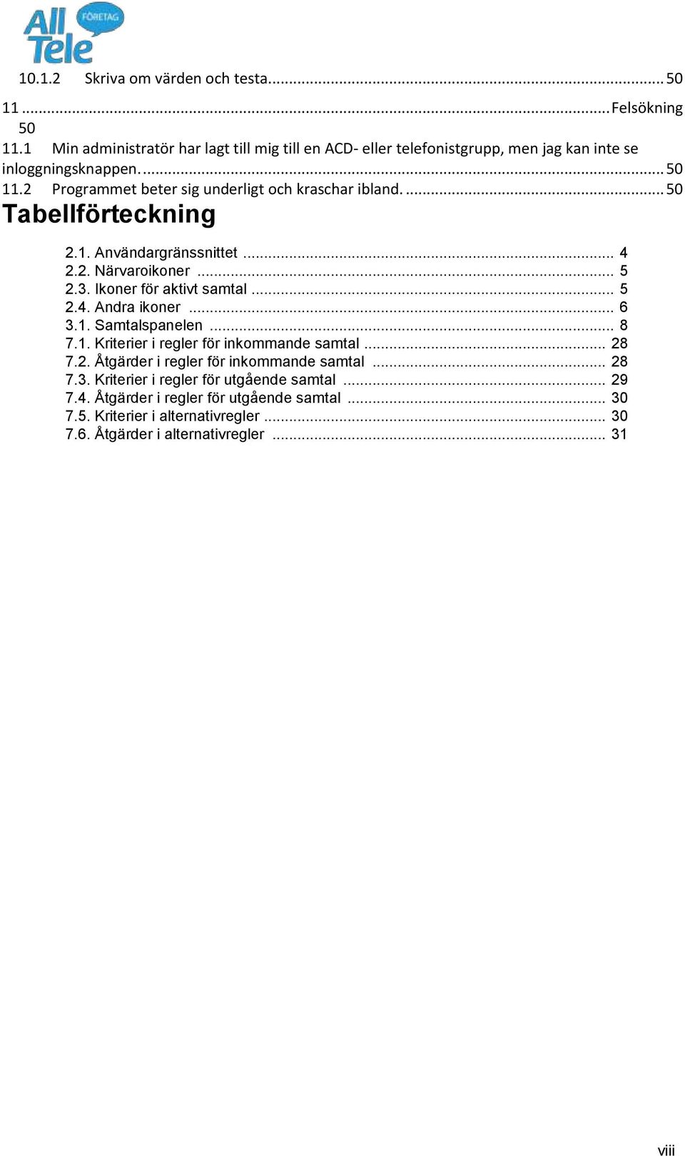 2 Programmet beter sig underligt och kraschar ibland.... 50 Tabellförteckning 2.1. Användargränssnittet... 4 2.2. Närvaroikoner... 5 2.3. Ikoner för aktivt samtal... 5 2.4. Andra ikoner.