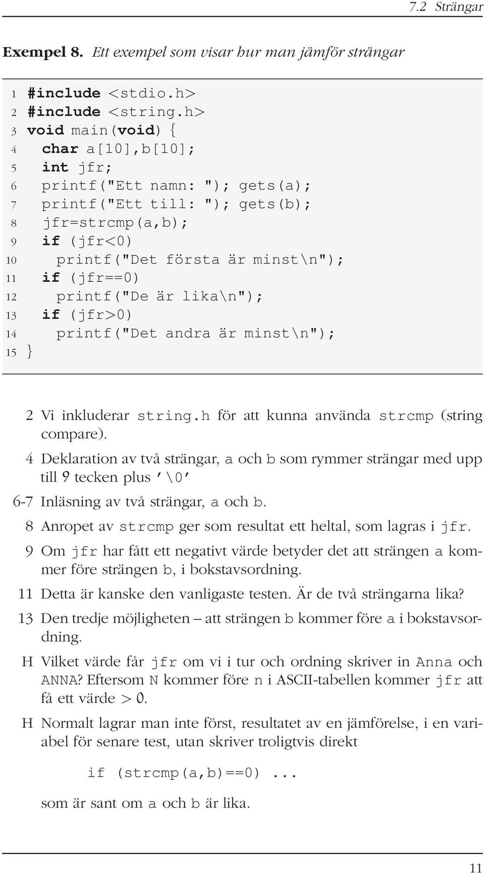 (jfr==0) 12 printf("de är lika\n"); 13 if (jfr>0) 14 printf("det andra är minst\n"); 15 } 2 Vi inkluderar string.h för att kunna använda strcmp (string compare).