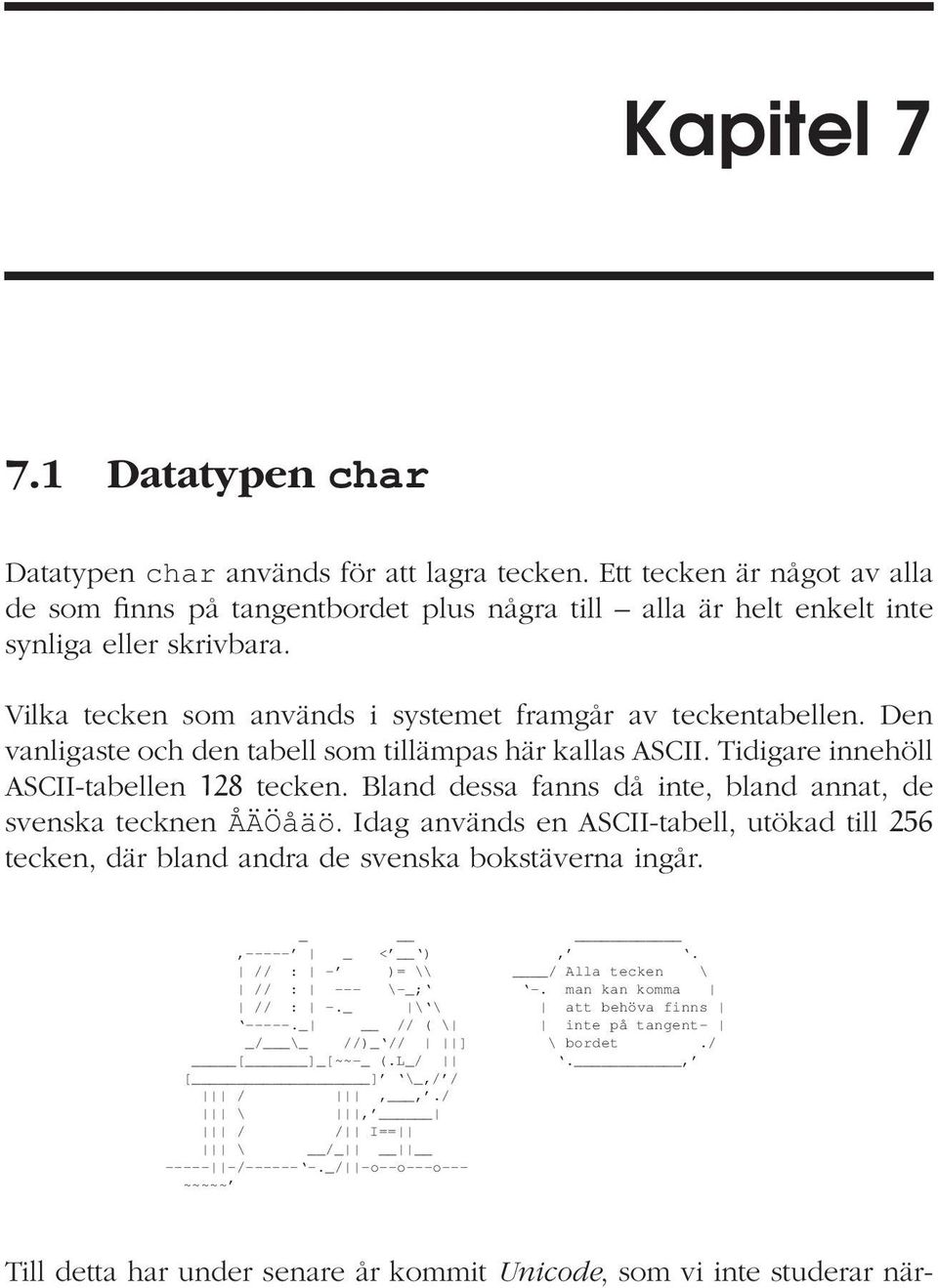 Bland dessa fanns då inte, bland annat, de svenska tecknen ÅÄÖåäö. Idag används en ASCII-tabell, utökad till 256 tecken, där bland andra de svenska bokstäverna ingår.,----- _ < ),.