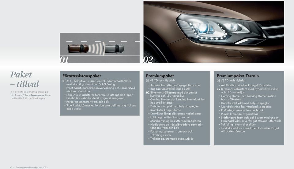 assisterar föraren, så att optimalt spår bibehålls i förhållande till vägmarkeringarna Parkeringssensorer fram och bak Side Assist, känner av fordon som befinner sig i bilens döda vinkel Premiumpaket