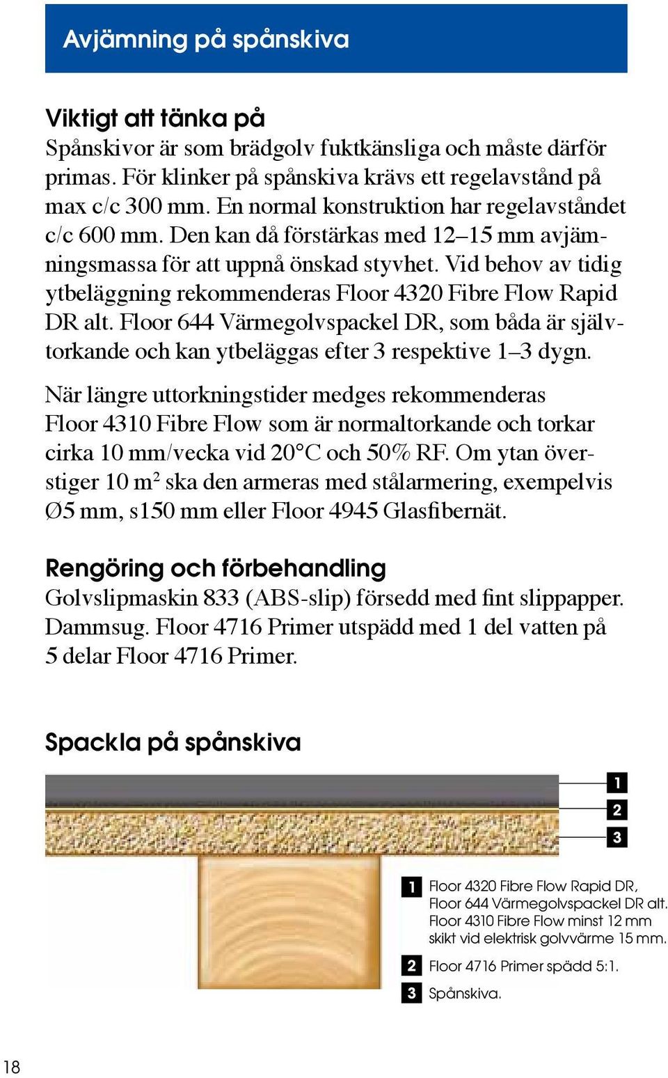 Vid behov av tidig ytbeläggning rekommenderas Floor 4320 Fibre Flow Rapid DR alt. Floor 644 Värmegolvspackel DR, som båda är självtorkande och kan ytbeläggas efter 3 respektive 1 3 dygn.