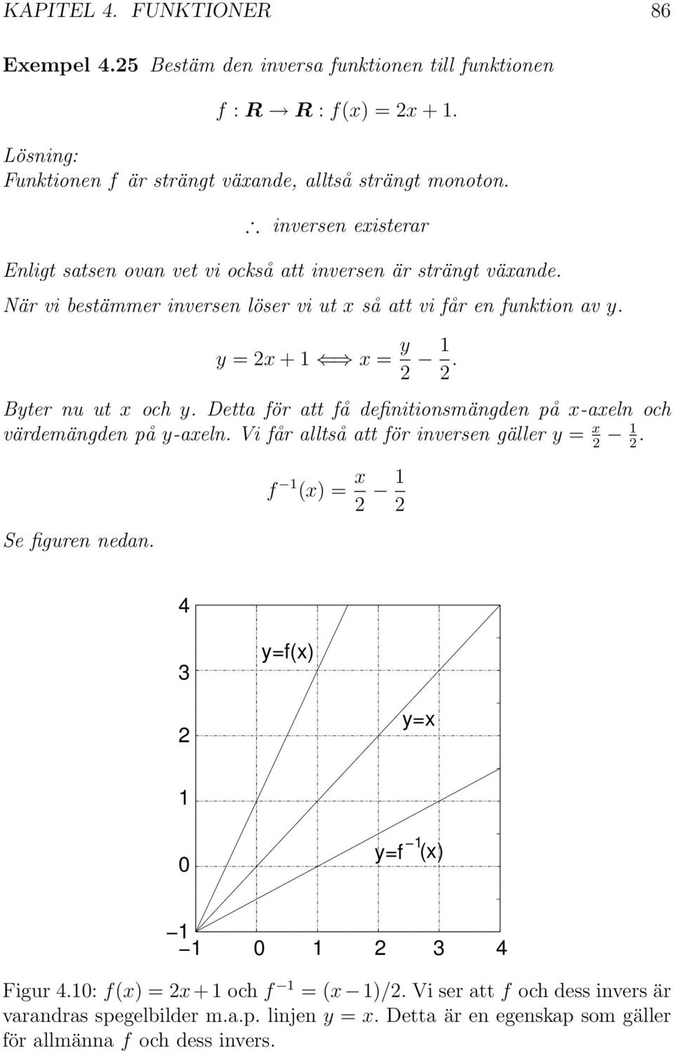 Byter nu ut x och y. Detta för att få definitionsmängden på x-axeln och värdemängden på y-axeln. Vi får alltså att för inversen gäller y = x. Se figuren nedan.