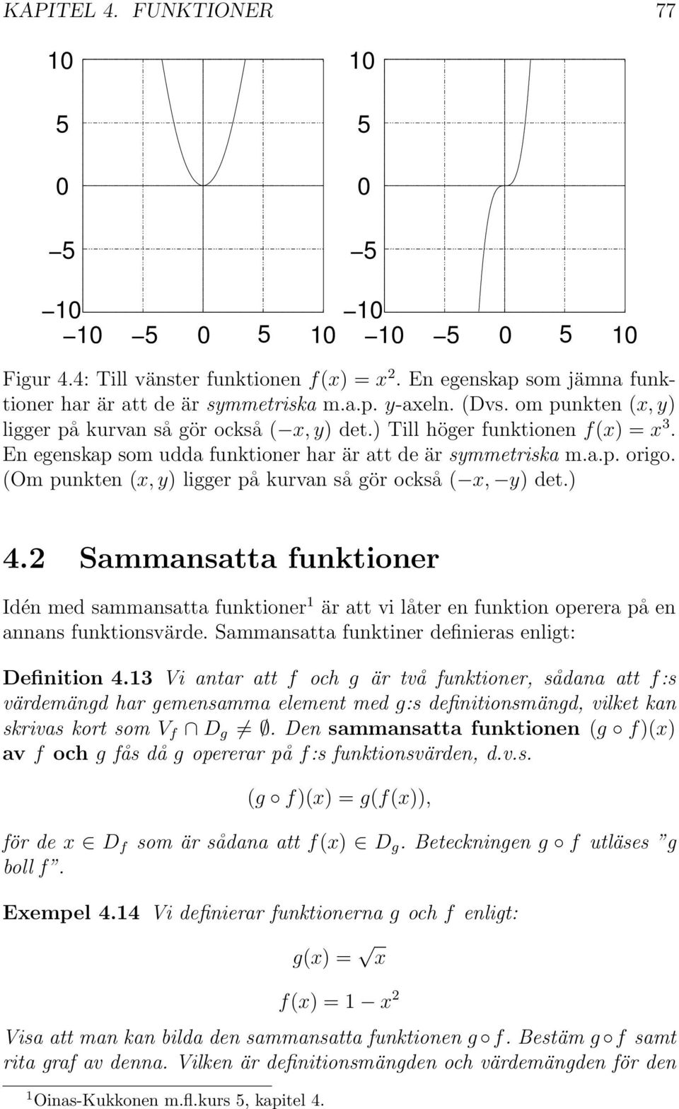 (Om punkten (x, y) ligger på kurvan så gör också ( x, y) det.) 4. Sammansatta funktioner Idén med sammansatta funktioner är att vi låter en funktion operera på en annans funktionsvärde.