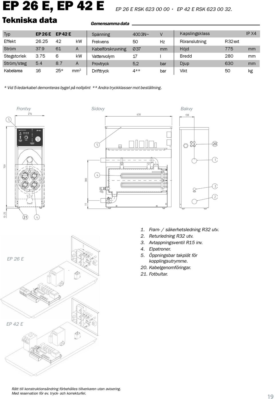 Bredd 280 mm Djup 630 mm Vikt 50 kg * Vid 5-ledarkabel demonteras bygel på nollplint ** Andra tryckklasser mot beställning. Frontvy Sidovy Bakvy EP 26 E 1. Fram- / säkerhetsledning R32 utv. 2. Returledning R32 utv.