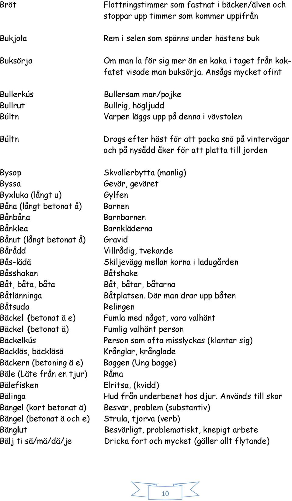 Bälj ti sä/mä/dä/je Flottningstimmer som fastnat i bäcken/älven och stoppar upp timmer som kommer uppifrån Rem i selen som spänns under hästens buk Om man la för sig mer än en kaka i taget från