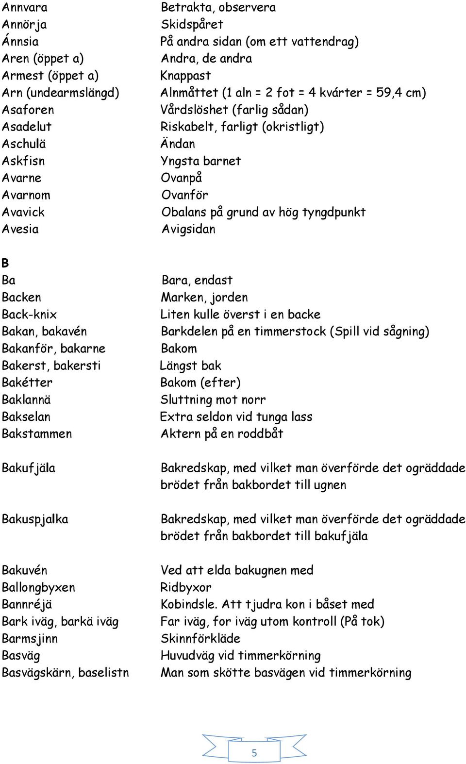 Skidspåret På andra sidan (om ett vattendrag) Andra, de andra Knappast Alnmåttet (1 aln = 2 fot = 4 kvárter = 59,4 cm) Vårdslöshet (farlig sådan) Riskabelt, farligt (okristligt) Ändan Yngsta barnet