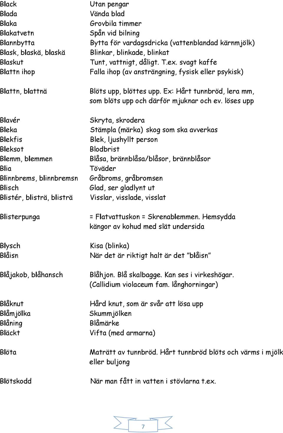 kärnmjölk) Blinkar, blinkade, blinkat Tunt, vattnigt, dåligt. T.ex. svagt kaffe Falla ihop (av ansträngning, fysisk eller psykisk) Blöts upp, blöttes upp.