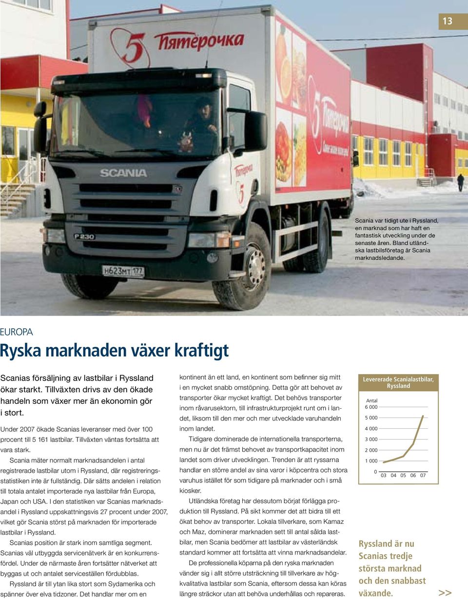 Under 2007 ökade Scanias leveranser med över 100 procent till 5 161 lastbilar. Tillväxten väntas fortsätta att vara stark.