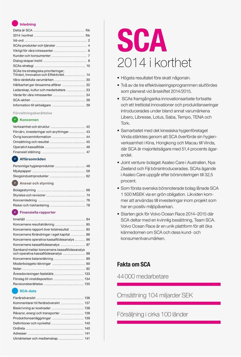 ..33 Värde för våra intressenter... 34 SCA-aktien... 36 Information till aktieägare... 39 Förvaltningsberättelse F Koncernen Verksamhet och struktur... 42 Förvärv, investeringar och avyttringar.