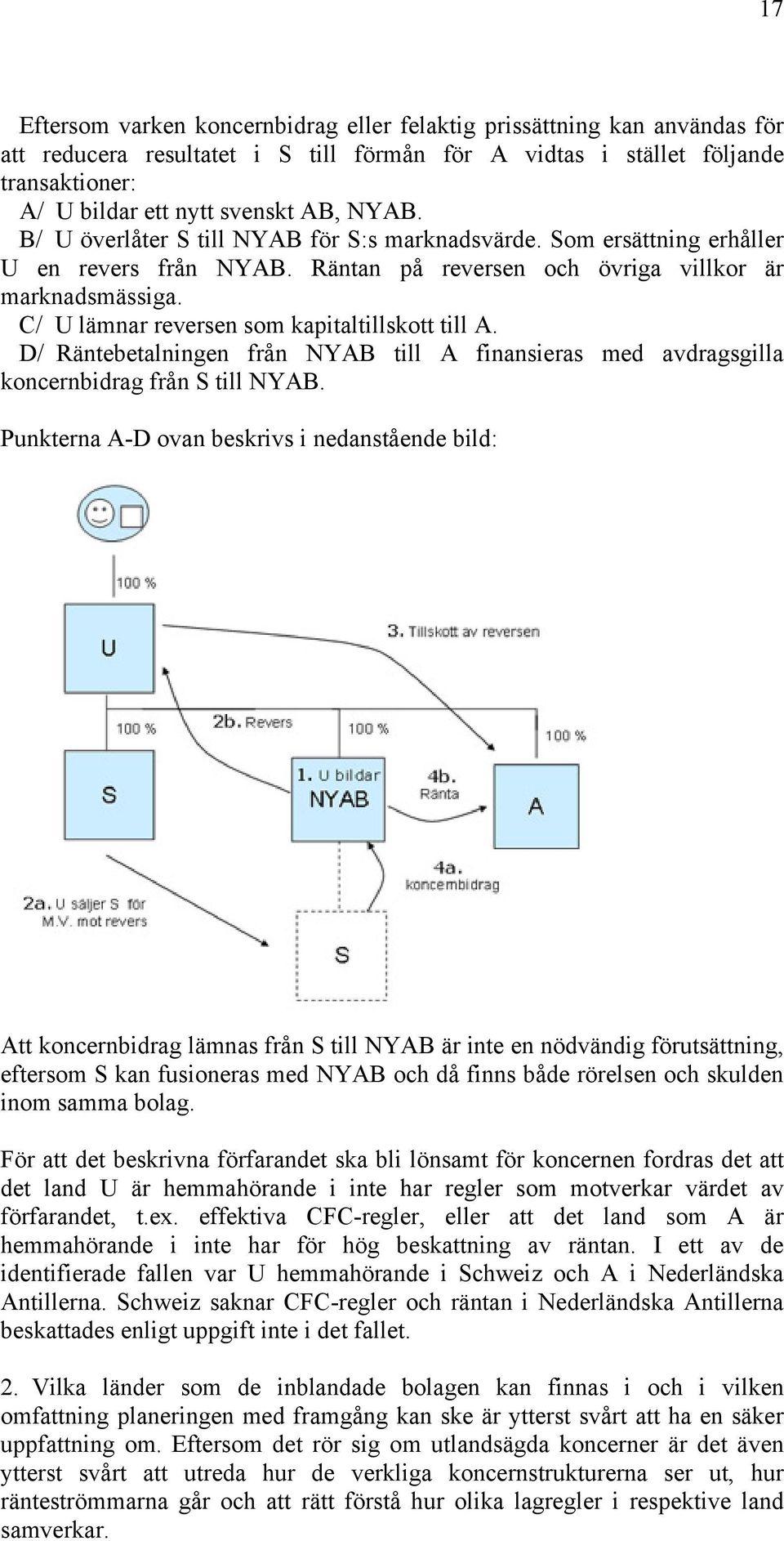 C/ U lämnar reversen som kapitaltillskott till A. D/ Räntebetalningen från NYAB till A finansieras med avdragsgilla koncernbidrag från S till NYAB.